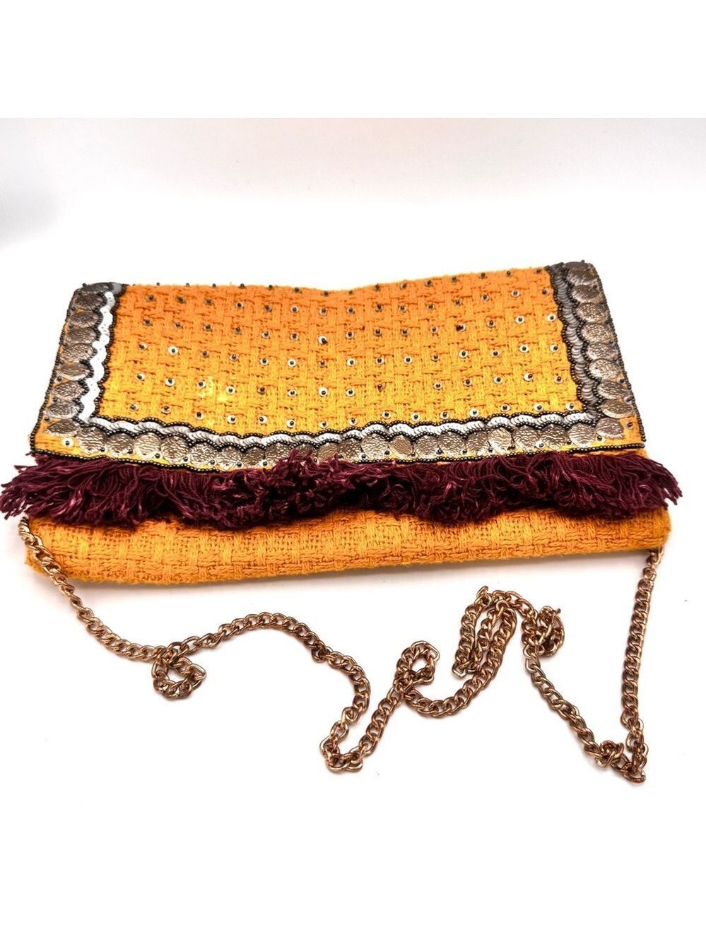 Boho Beaded Fringe Crossbody Bag Gold Chain Mustard Woven Cotton Artisan Style